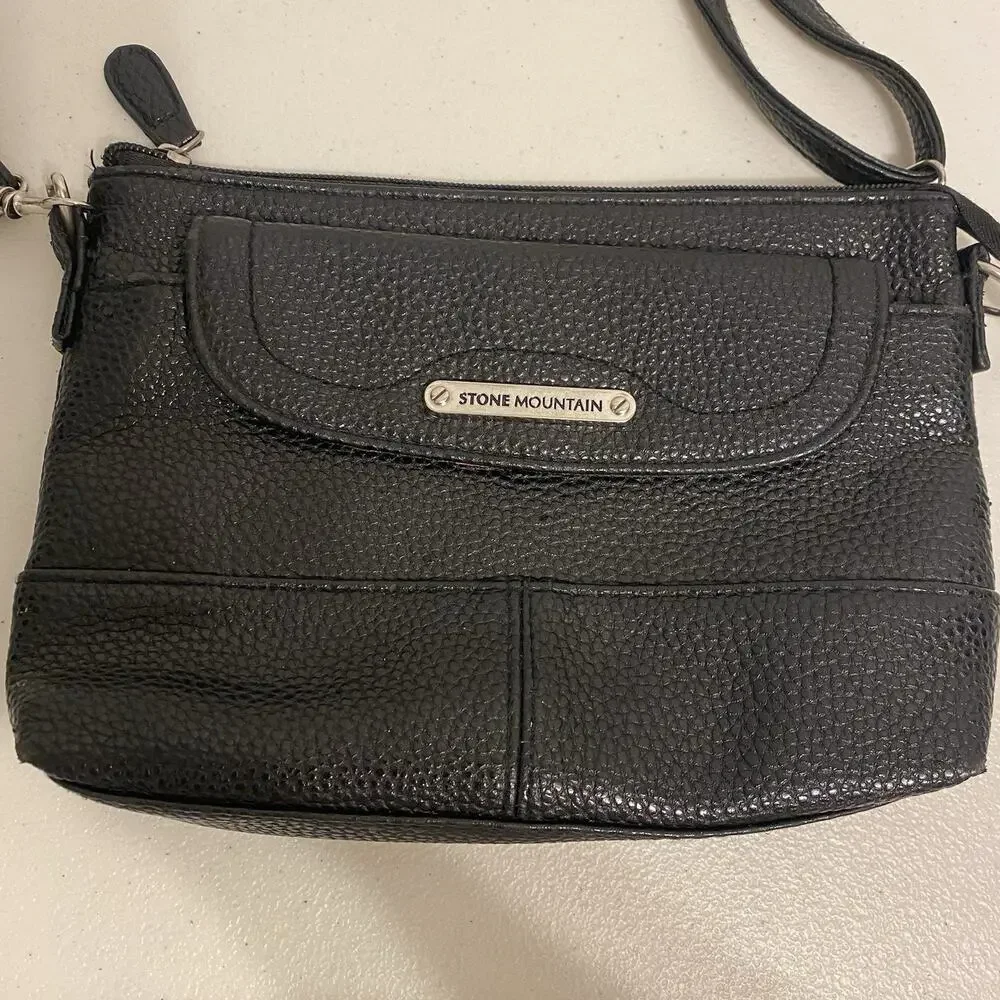 Bounded Leather Pebbled Crossbody Shoulder Bag Stone Mountain Black Adj Strap
